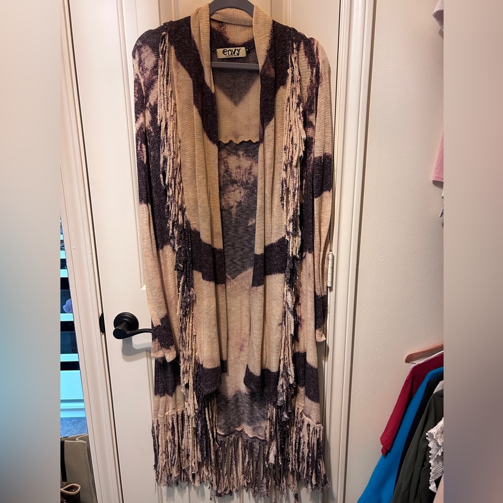 Long sweater jacket with fringe detail